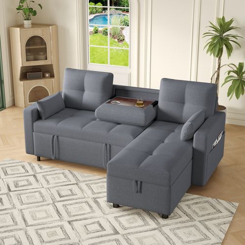 Canapé Convertible -Méridienne Réversible - Coffre De Rangement - Porte-gobelet Intégré - Lin - Gris