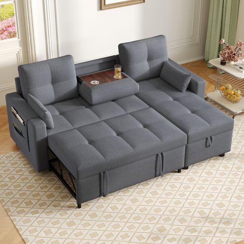 Canapé Convertible -Méridienne Réversible - Coffre De Rangement - Porte-gobelet Intégré - Lin - Gris