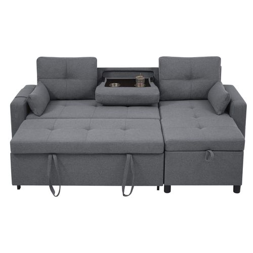 Canapé Convertible -Méridienne Réversible - Coffre De Rangement - Porte-gobelet Intégré - Lin - Gris