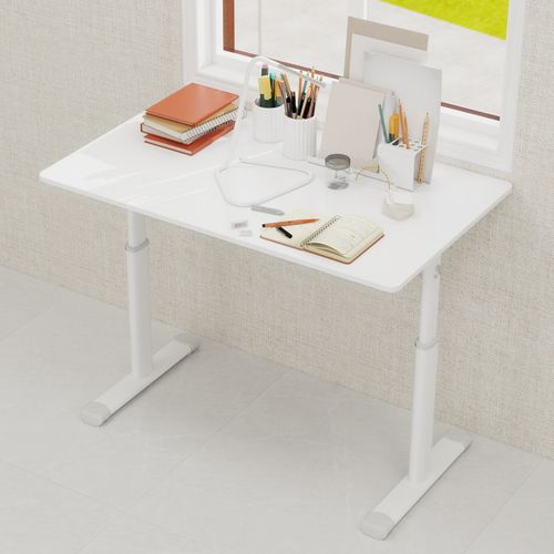 Bureau Réglable En Hauteur, Bureau Enfant Adulte Compact, Structure Métal + Bois, Blanc 100x60x90 Cm