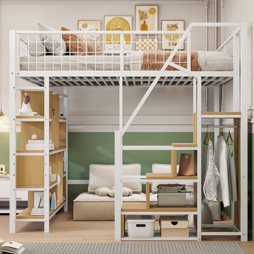 Lit Mezzanine 140x200 Cm - Métal - Escalier - Rangements - Design Moderne - Mdf - Blanc