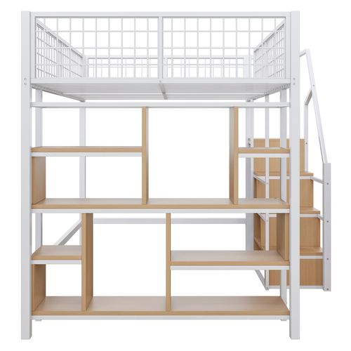 Lit Mezzanine 140x200 Cm - Métal - Escalier - Rangements - Design Moderne - Mdf - Blanc