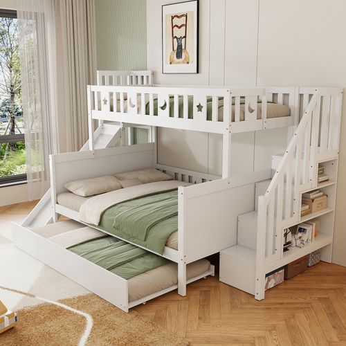 Lit Superposé 90×200 Cm - Lit Gigogne 140×200 - Toboggan - Étagères De Rangement - Bois - Blanc