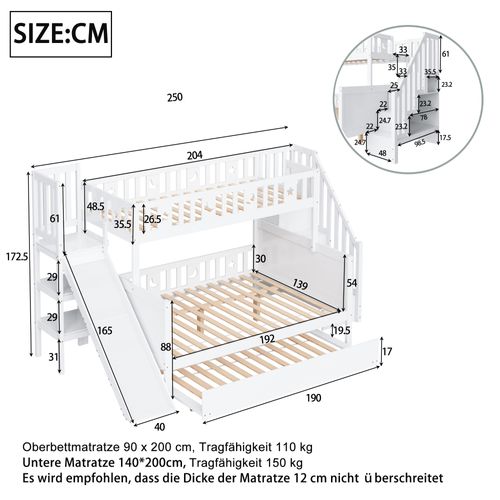 Lit Superposé 90×200 Cm - Lit Gigogne 140×200 - Toboggan - Étagères De Rangement - Bois - Blanc