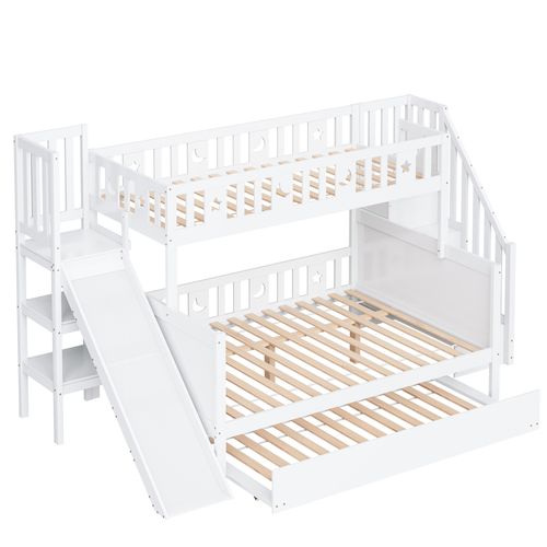 Lit Superposé 90×200 Cm - Lit Gigogne 140×200 - Toboggan - Étagères De Rangement - Bois - Blanc