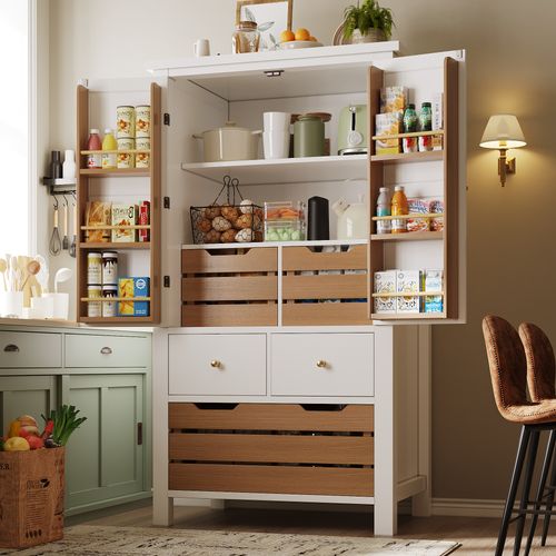 Buffet Haut - Cuisine - 2 Portes - 5 Tiroirs - Rangement Vaisselle Et Ustensiles - Mdf+métal - Blanc