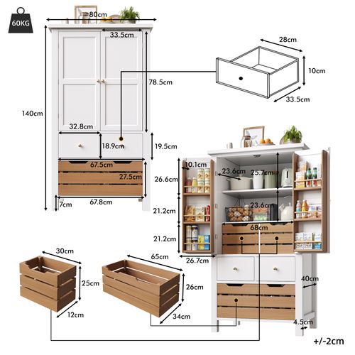 Buffet Haut - Cuisine - 2 Portes - 5 Tiroirs - Rangement Vaisselle Et Ustensiles - Mdf+métal - Blanc