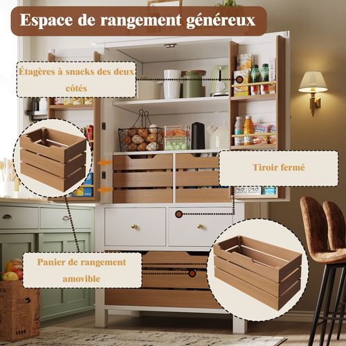 Buffet Haut - Cuisine - 2 Portes - 5 Tiroirs - Rangement Vaisselle Et Ustensiles - Mdf+métal - Blanc