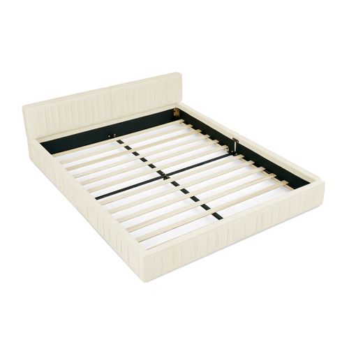 Lit Double 160x200 Cm - Adulte - Chenille Douce - Tête Capitonnée - Cadre Bois - Métal - Beige