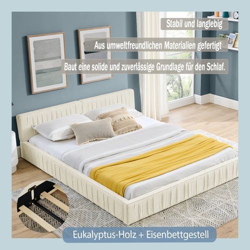 Lit Double 160x200 Cm - Adulte - Chenille Douce - Tête Capitonnée - Cadre Bois - Métal - Beige