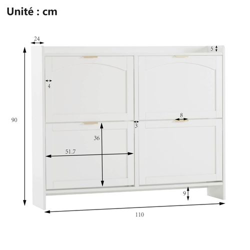 Meuble à Chaussures - 4 Compartiments Abattants - Étagère Ouverte - Rangement - Mdf - Blanc