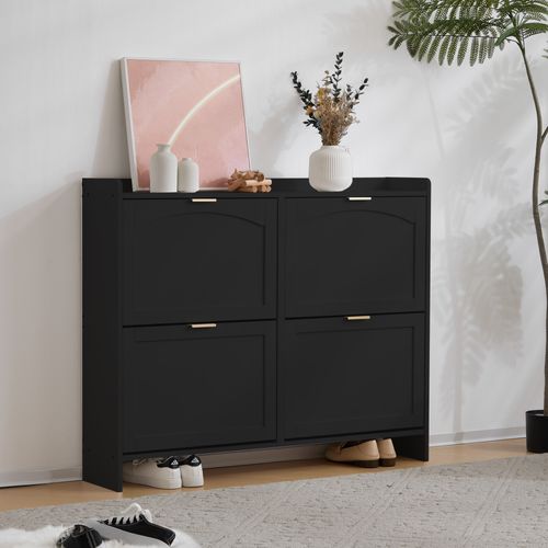 Meuble à Chaussures - Moderne - 4 Compartiments Abattants - Étagère Ouverte - Rangement - Mdf - Noir