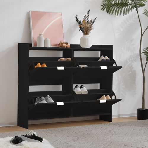 Meuble à Chaussures - Moderne - 4 Compartiments Abattants - Étagère Ouverte - Rangement - Mdf - Noir