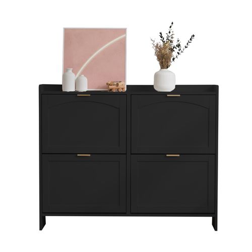 Meuble à Chaussures - Moderne - 4 Compartiments Abattants - Étagère Ouverte - Rangement - Mdf - Noir