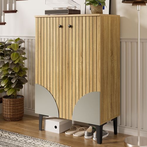 Meuble à Chaussures Fermé Avec Portes, Rangement Compartimenté, Cadre Métallique Noir, Naturel