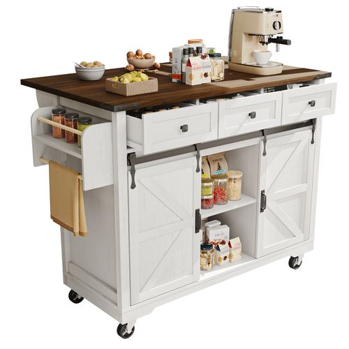 Table De Bar - Table Extensible - 3 Tiroirs - 2 Portes Coulissantes - Porte-serviettes - Mdf - Beige