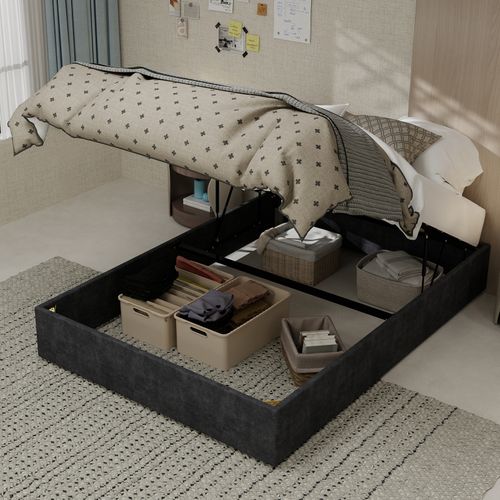 Lit Coffre Ado 140×200 Cm - Vérins Hydrauliques - Design Moderne Pratique - Velours - Gris