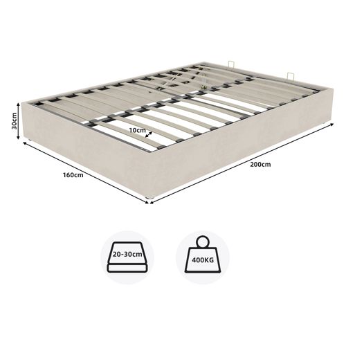 Lit Coffre Double 160×200 Cm - Coffre Intégré - Vérin Hydraulique - Velours Hollandais - Beige