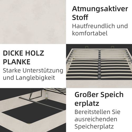 Lit Coffre Double 160×200 Cm - Coffre Intégré - Vérin Hydraulique - Velours Hollandais - Beige