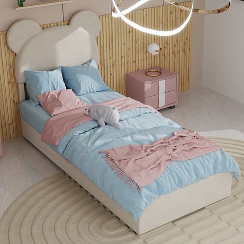 Lit Coffre 90x200 Cm - Lit Enfant Avec Mécanisme Hydraulique Tête Cartoon - Rangement -velours Beige