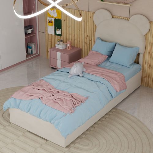 Lit Coffre 90x200 Cm - Lit Enfant Avec Mécanisme Hydraulique Tête Cartoon - Rangement -velours Beige