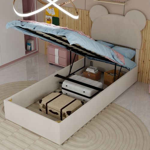 Lit Coffre 90x200 Cm - Lit Enfant Avec Mécanisme Hydraulique Tête Cartoon - Rangement -velours Beige