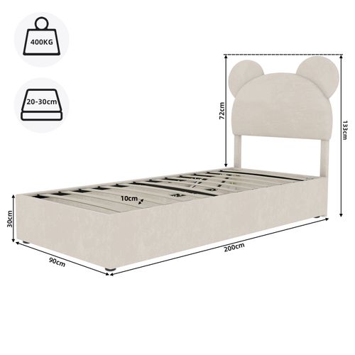 Lit Coffre 90x200 Cm - Lit Enfant Avec Mécanisme Hydraulique Tête Cartoon - Rangement -velours Beige