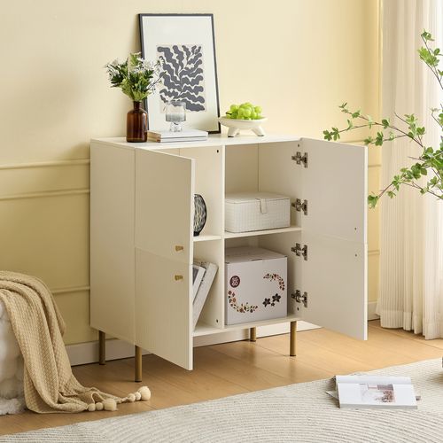 Buffet Moderne - Bahut Rangement - Poignées Alliage - Pieds Acier - Mdf - Blanc