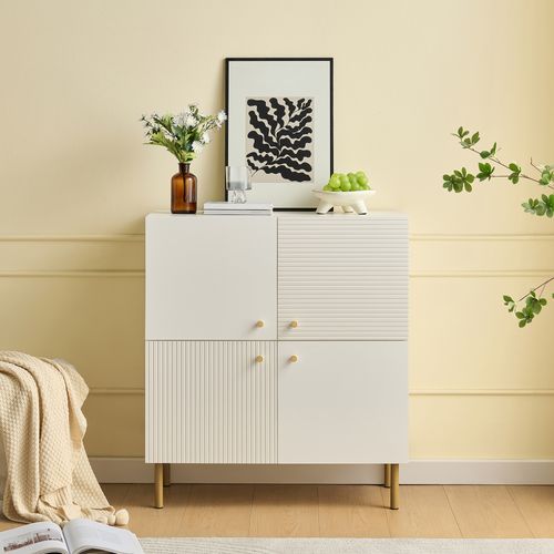 Buffet Moderne - Bahut Rangement - Poignées Alliage - Pieds Acier - Mdf - Blanc