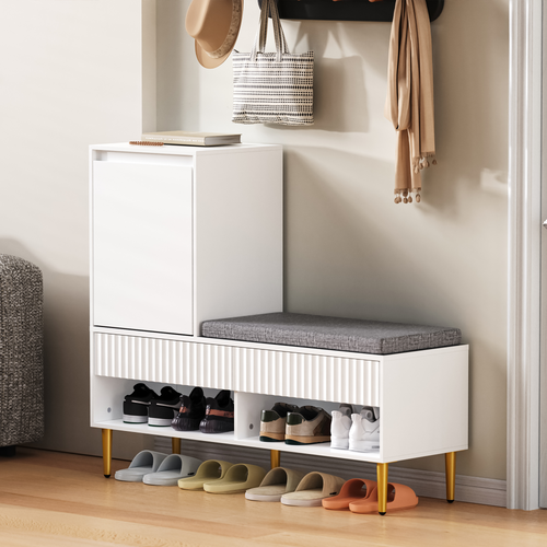 Meuble à Chaussures Moderne - Banc Rembourré - Tiroirs + Porte - Rangement Pratique - Couloir -blanc