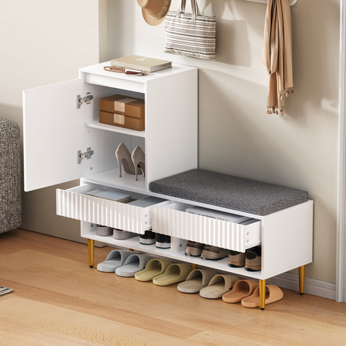Meuble à Chaussures Moderne - Banc Rembourré - Tiroirs + Porte - Rangement Pratique - Couloir -blanc