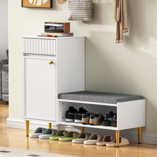 Meuble à Chaussures Avec Assise, Banc De Rangement 1 Porte 1 Tiroir, Design Compact, Blanc