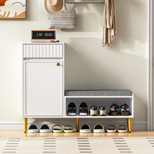 Meuble à Chaussures Avec Assise, Banc De Rangement 1 Porte 1 Tiroir, Design Compact, Blanc