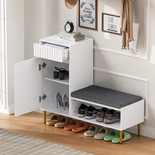 Meuble à Chaussures Avec Assise, Banc De Rangement 1 Porte 1 Tiroir, Design Compact, Blanc