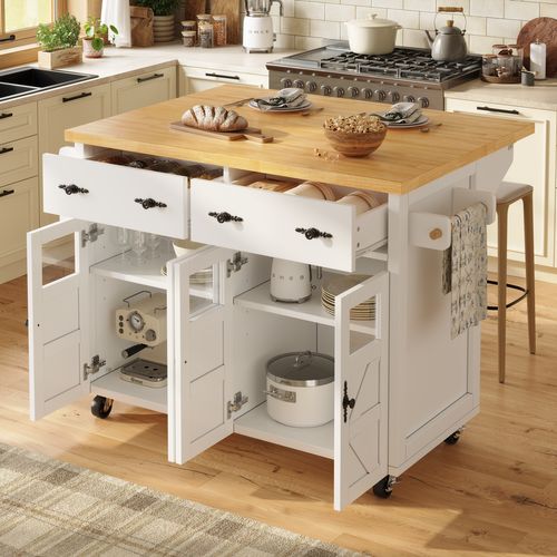 Îlot De Cuisine - Buffet Multifonction - Tablette Latérale - Chariot Intégré - Moderne - Blanc