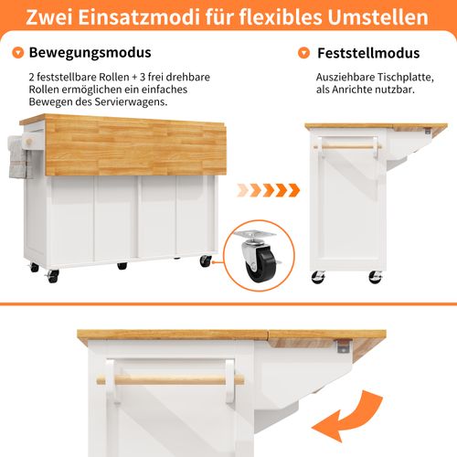 Îlot De Cuisine - Buffet Multifonction - Tablette Latérale - Chariot Intégré - Moderne - Blanc