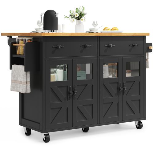 Îlot De Cuisine - Meuble Mobile - Grand Rangement - Tablette Latérale - Bois Métal - Noir