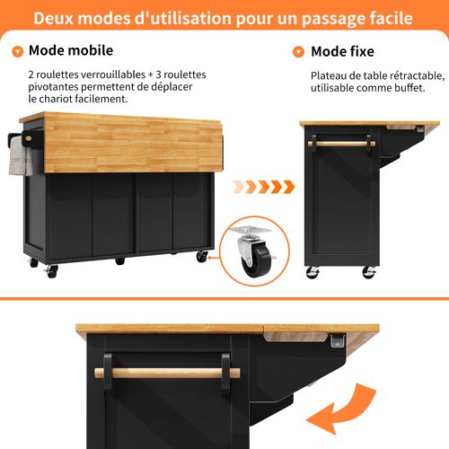 Îlot De Cuisine - Meuble Mobile - Grand Rangement - Tablette Latérale - Bois Métal - Noir