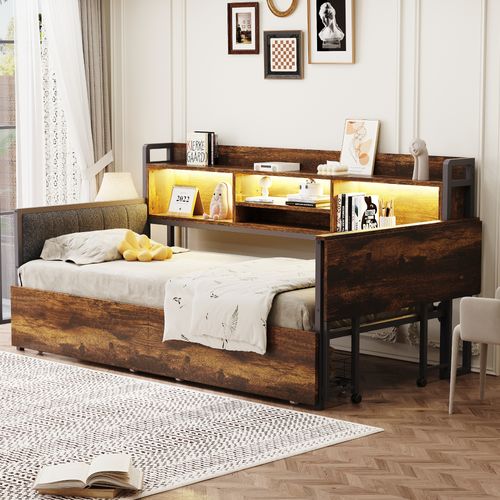 Lit Banquette 90x200 Cm - Rangement - Prises Multifonctions - Métal Et Bois - Blanc / Holzfarbe