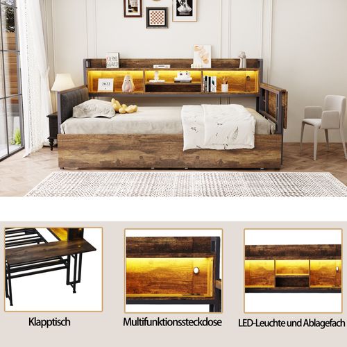 Lit Banquette 90x200 Cm - Rangement - Prises Multifonctions - Métal Et Bois - Blanc / Holzfarbe