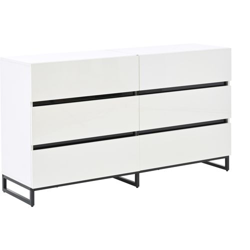 Buffet Bas 6 Tiroirs, Structure Métal, Rangement Contemporain, Panneau De Particules, Blanc+noir