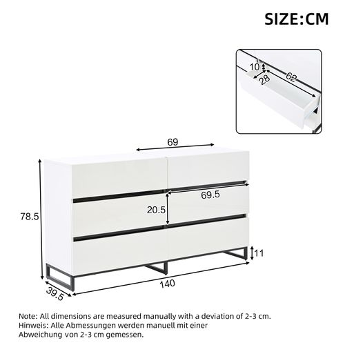 Buffet Bas 6 Tiroirs, Structure Métal, Rangement Contemporain, Panneau De Particules, Blanc+noir