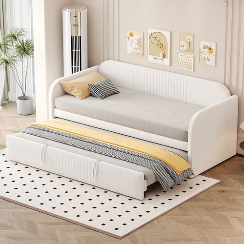 Lit Gigogne 90/180x190 - Banquette Extensible Avec Sommier à Lattes - Tissu Lin Beige