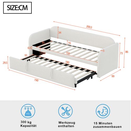 Lit Gigogne 90/180x190 - Banquette Extensible Avec Sommier à Lattes - Tissu Lin Beige