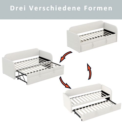 Lit Gigogne 90/180x190 - Banquette Extensible Avec Sommier à Lattes - Tissu Lin Beige