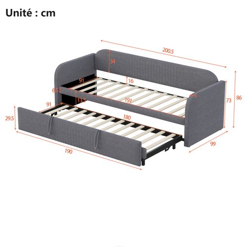 Lit Gigogne 90/180x190 - Banquette Extensible Avec Lit Tiroir Et Sommier à Lattes - Gris