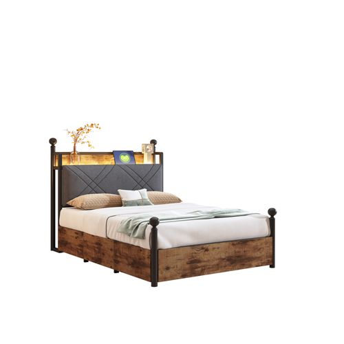 Lit Simple 90x190 Cm - LED Intégrée - Rangement Avec Tiroirs - Ports USB/type-c - Métal Noir