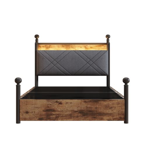 Lit Simple 90x190 Cm - LED Intégrée - Rangement Avec Tiroirs - Ports USB/type-c - Métal Noir