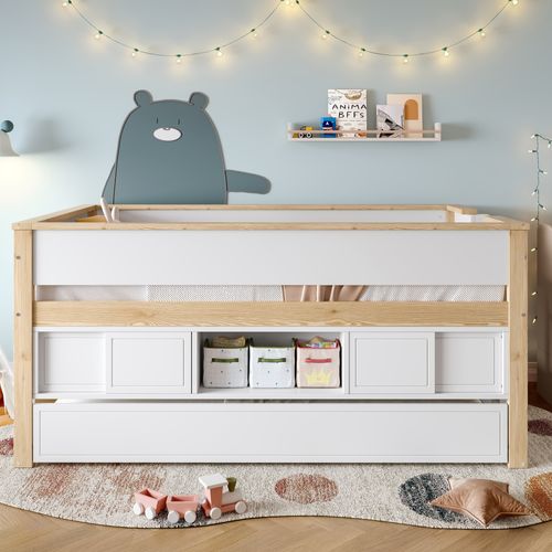 Lit Enfant 90x200 Cm - Mi-hauteur - Lit Tiroir - Rangements - Fiable Et Stable - Blanc+naturel