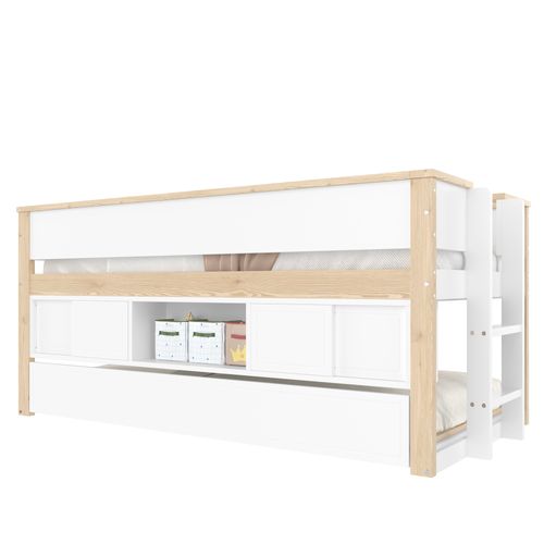Lit Enfant 90x200 Cm - Mi-hauteur - Lit Tiroir - Rangements - Fiable Et Stable - Blanc+naturel